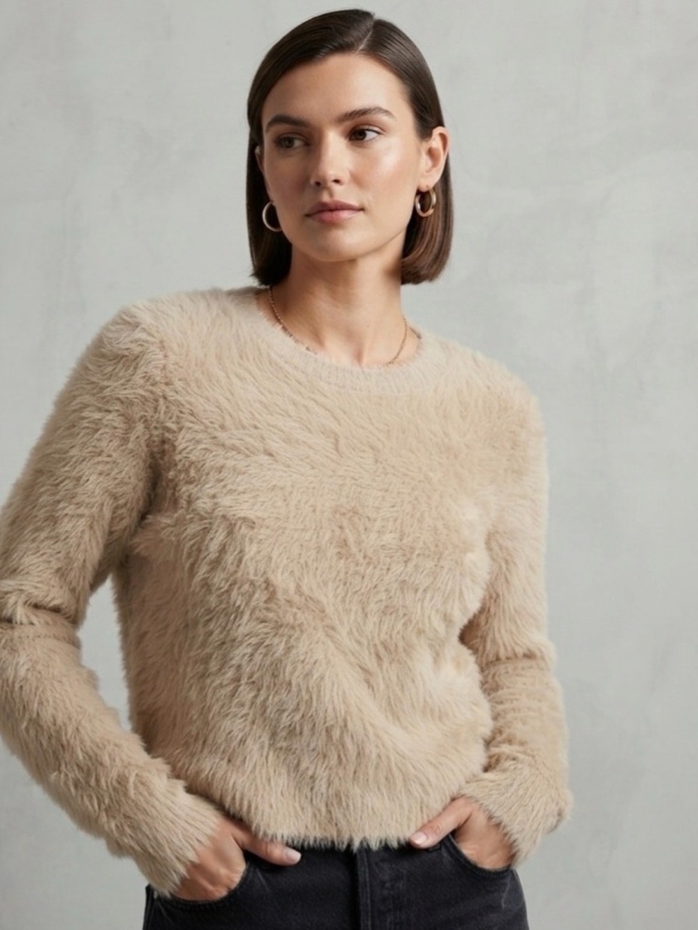 INDUSTRY Soft Cozy Eyelash Plush Crewneck Sweater in Beige, size XS